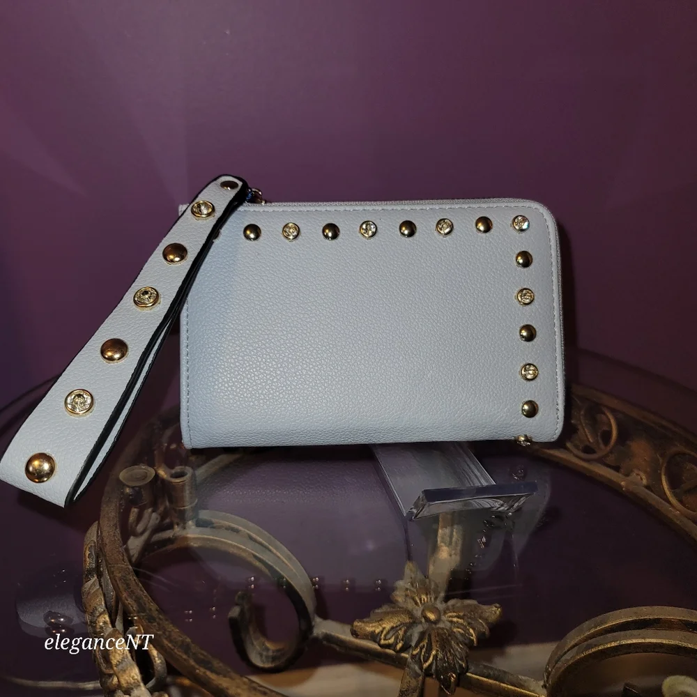 DS Bags Light Blue Studded wristlet wallet clutch with gem studded border NWT - Picture 10 of 11